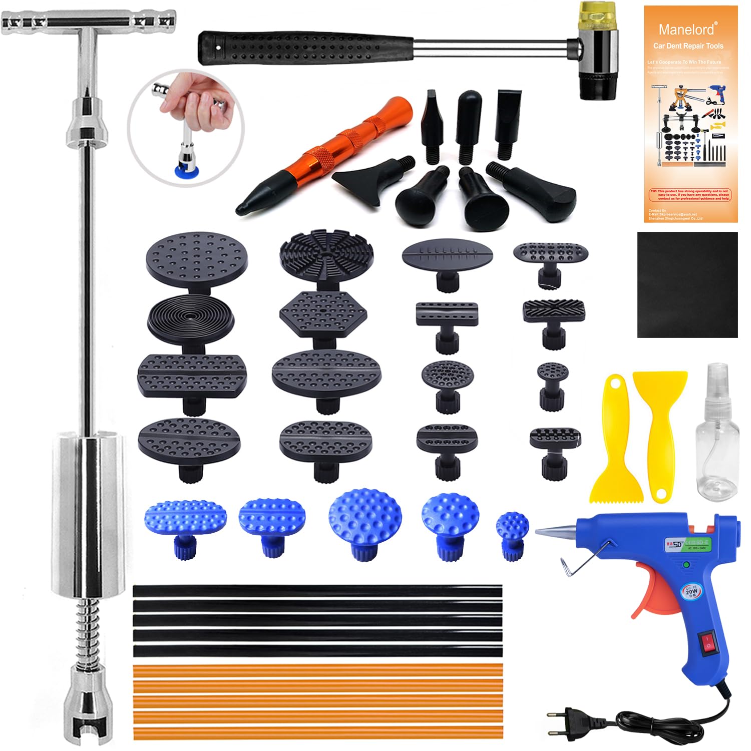 Manelord Extractor y Removedor de Abolladuras para Coche - Kit de Reparación de Carrocería con Martillo Deslizante y Barra en T, Herramienta para Eliminación de Abolladuras por Granizo y Golpes