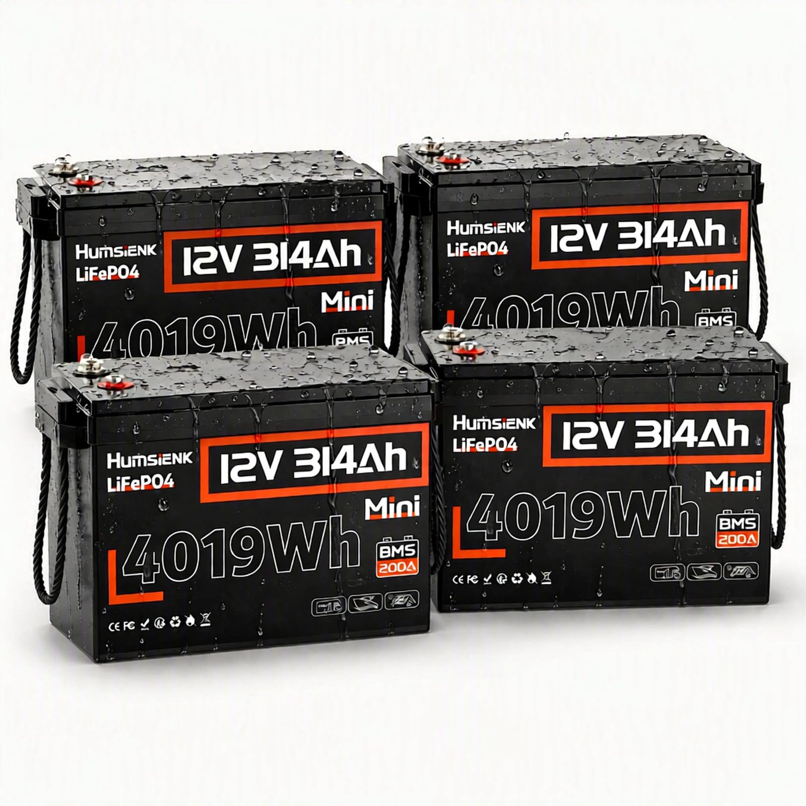 HumsiENK 4 Pack 12V 314Ah (300Ah) LiFePO4 Lithium Battery 4019Wh, 200A BMS