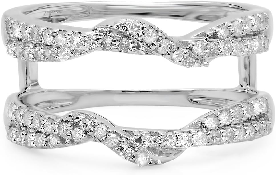 0.55 Carat (Ctw) 14K White Gold Plated Round Shaped Diamond Ladies Anniversary Wedding Band Enhancer Swirl Guard Double Ring 1/2 CT