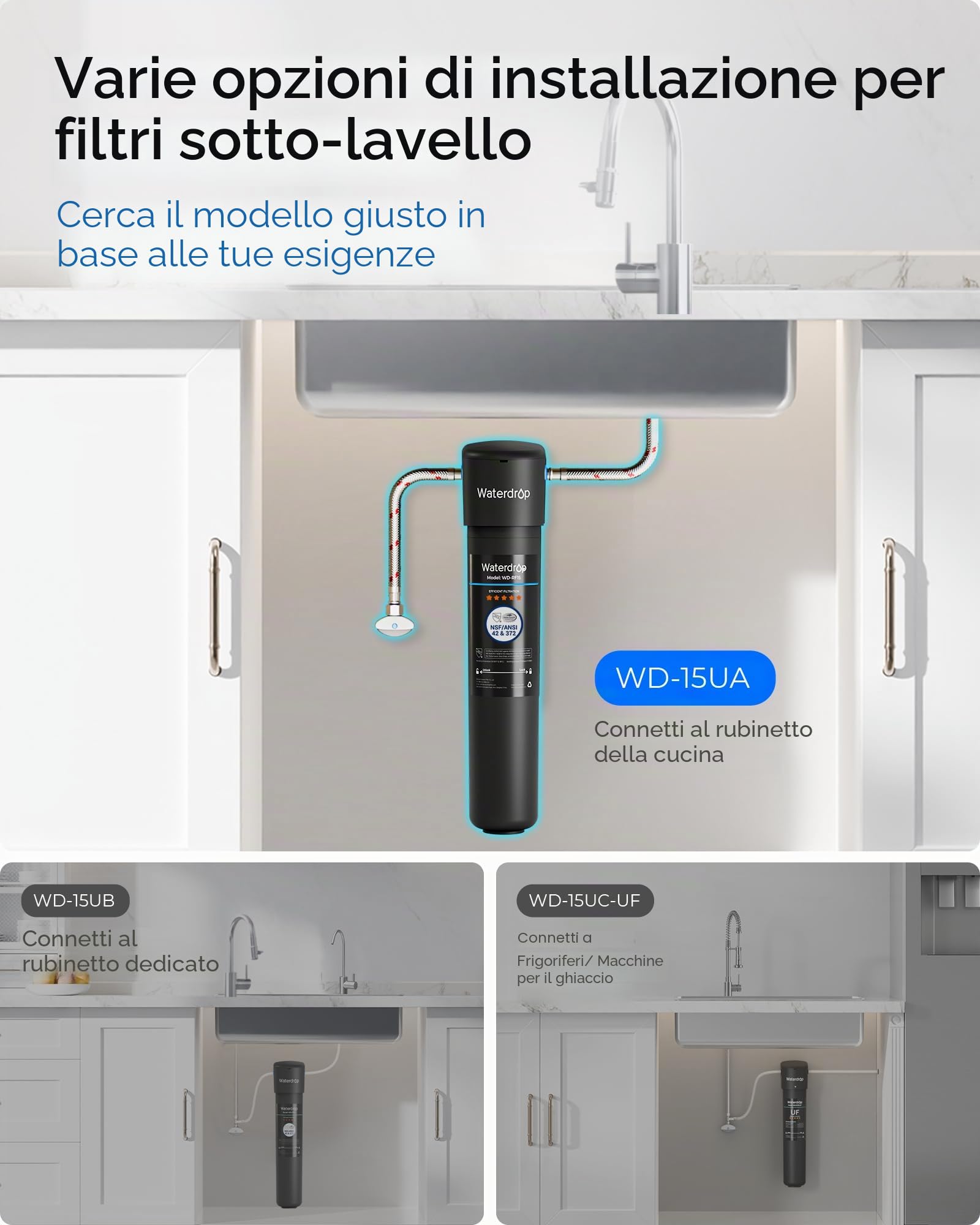 Waterdrop 15UA Filtraggio Acqua Sistema Sotto il Lavello, 60K Litri Filtraggio Acqua Sotto il Contatore, Rimuove il 99% di Piombo, Fluoro, Cloro, Cattivo, USA Tech, 0,5 Micron