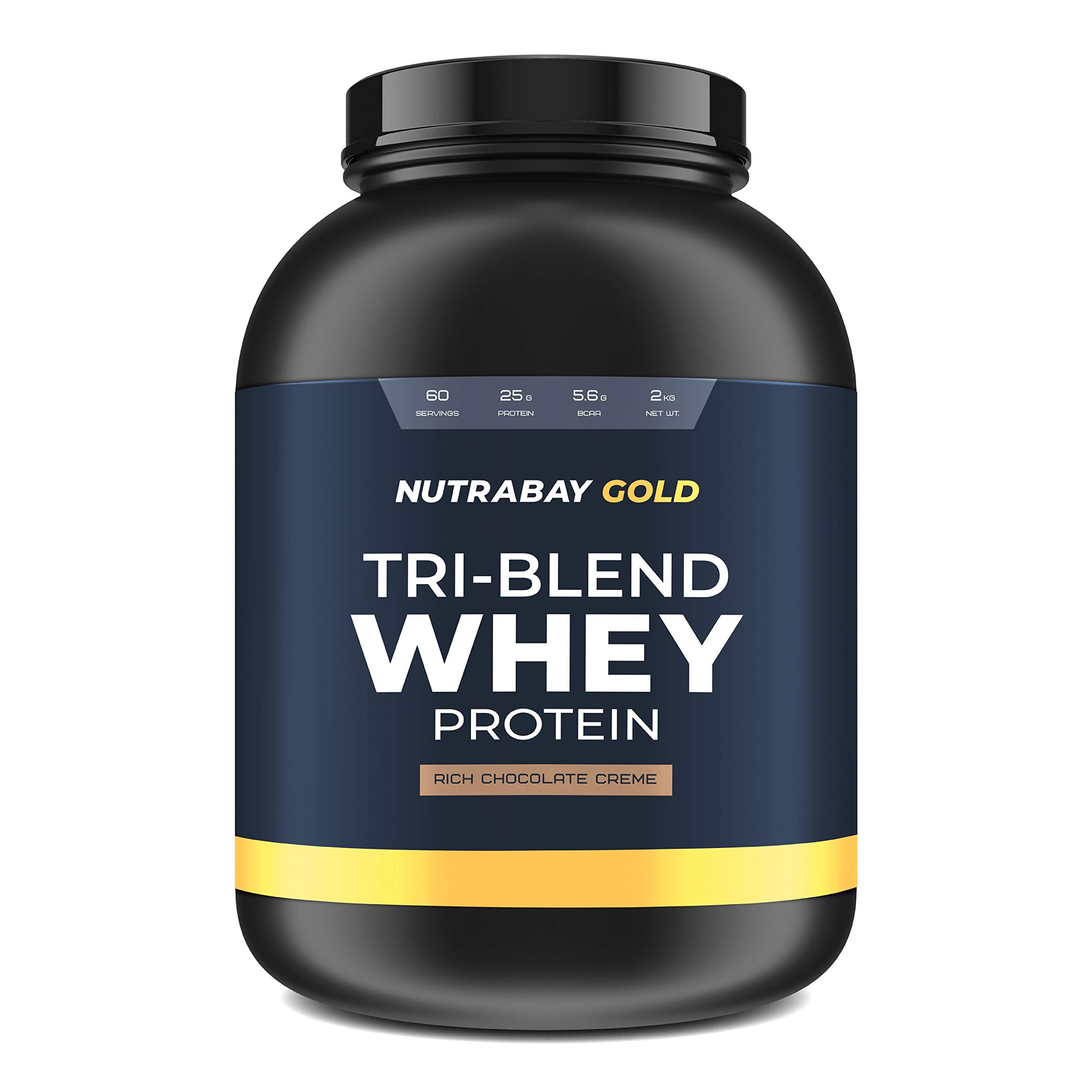 Nutrabay Gold Tri Blend Whey Protein Powder - 2kg, Rich Chocolate Creme | 25g Protein, 5.5g BCAA | Concentrate, Isolate, Hydrolyzed Protein | Muscle Growth & Recovery | Gym Supplement for Men & Women