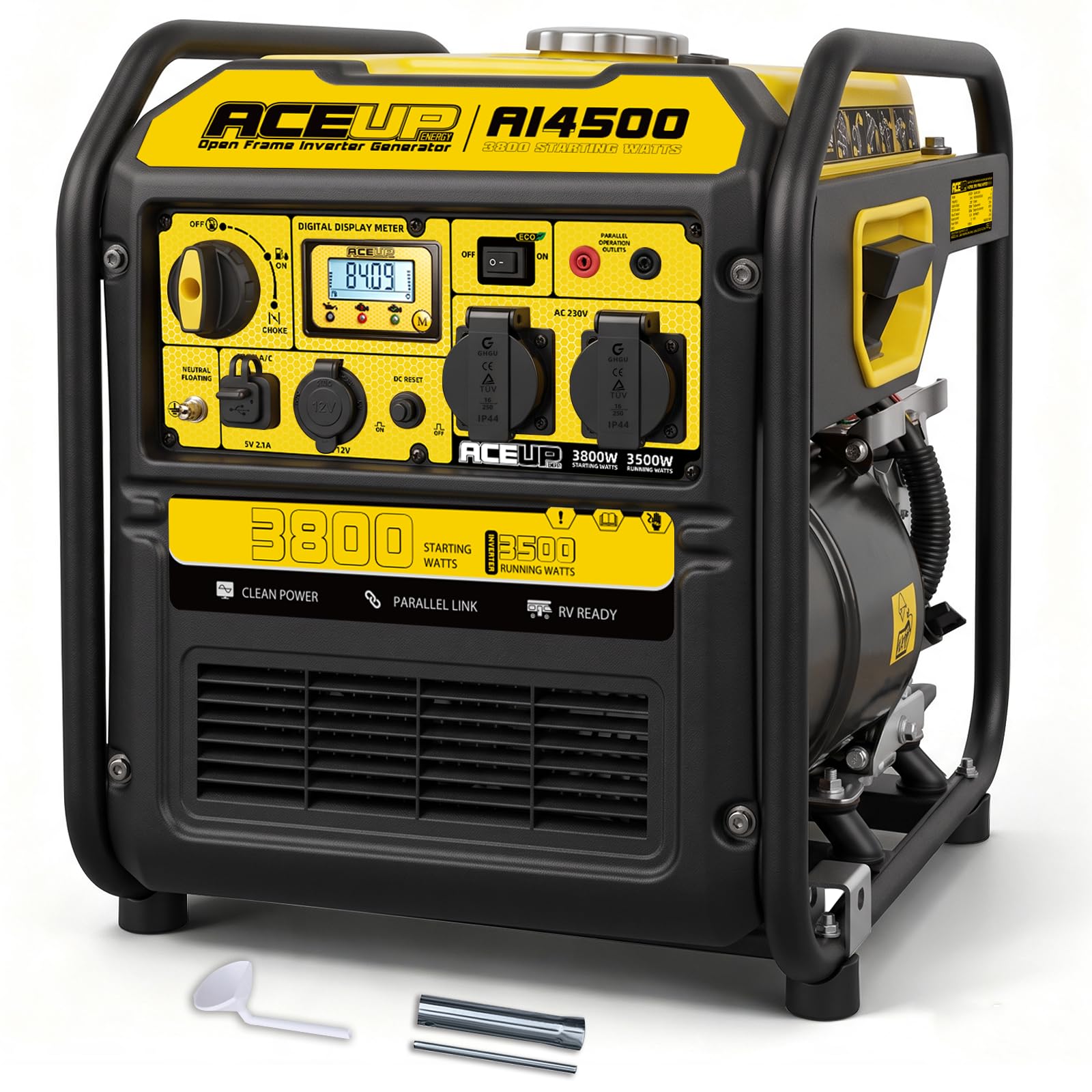 Aceup Energy 3800W Inverter Stromerzeuger Benzin, Notstromaggregat mit Reinem Sinus – Digital-Display, Eco-Modus, 230V 12V Steckdosen, 4-Takt Generator für Camping, Baustelle, Haus