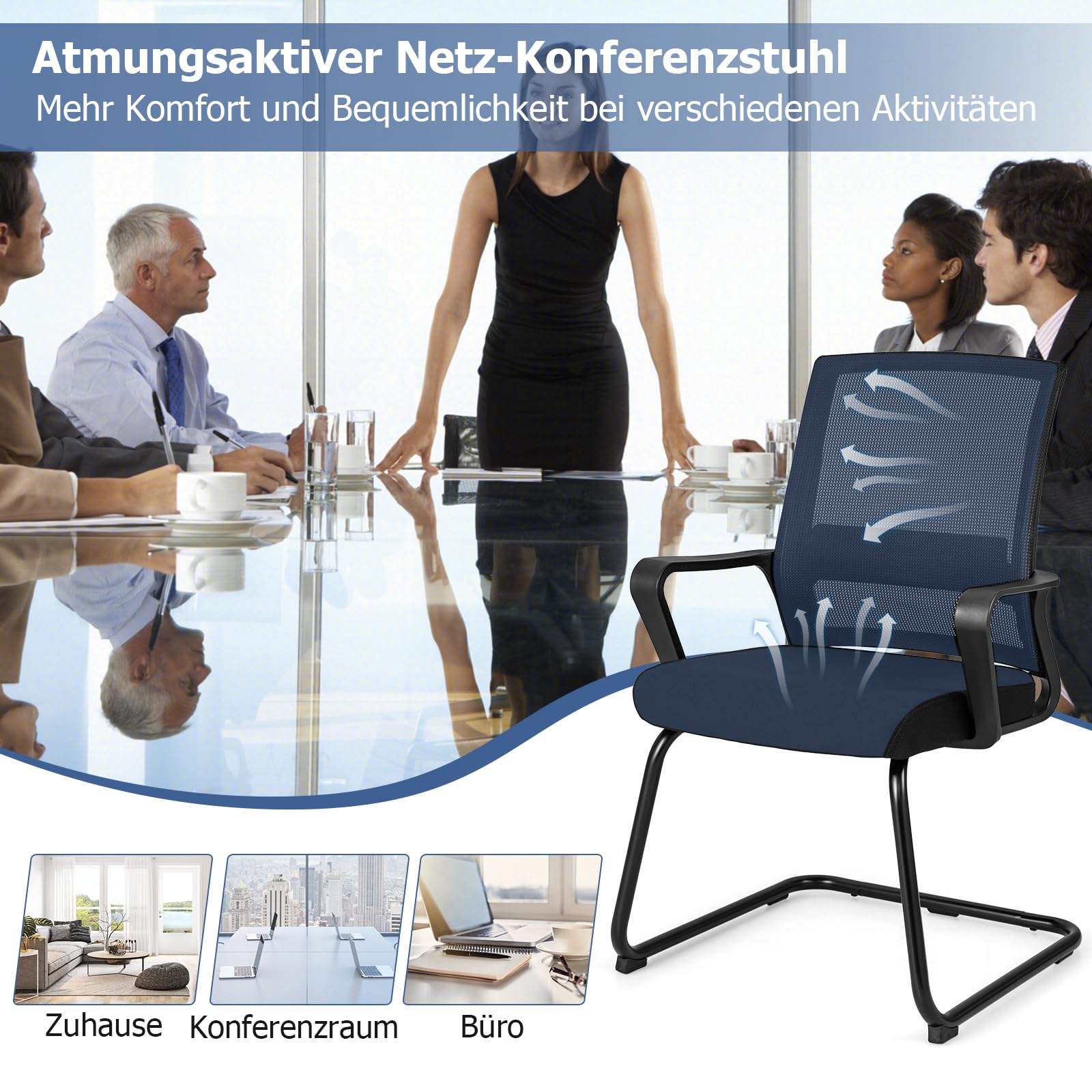 COSTWAY Freischwinger Stühle 2er Set, Schwingstühle mit Armlehne & Lendenwirbelstütze, Bürostühle, Konferenzstühle, Besucherstühle für Büro, Konferenzraum, Arbeitszimmer
