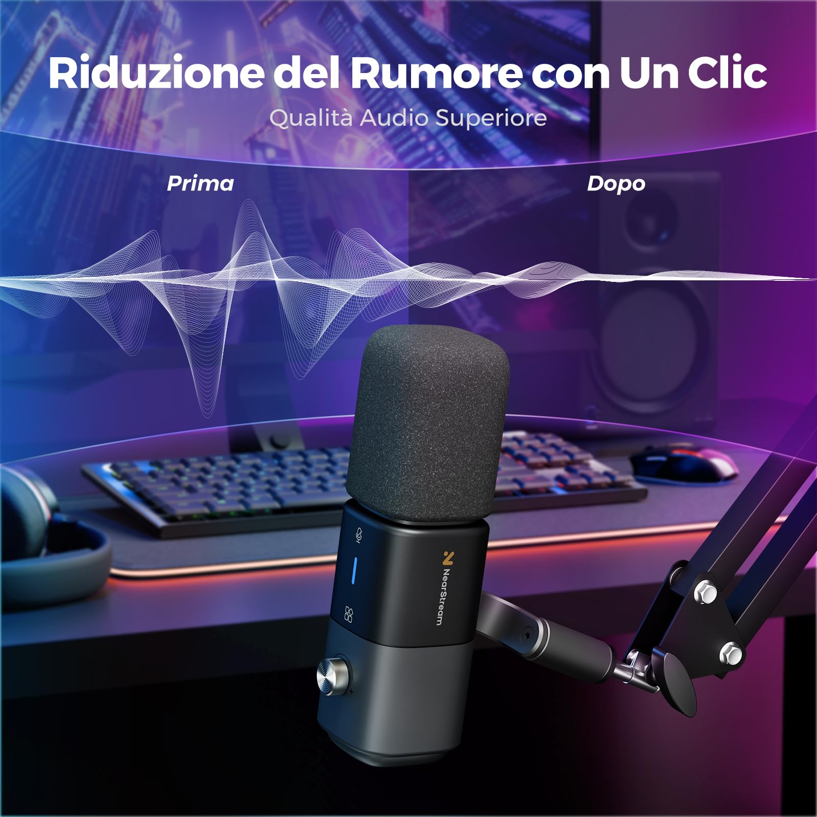NearStream AM20X Microfono USB/XLR a Condensatore Supercardioide, Compatibile con Mac, PC, PS4/PS5, Audio Mixer, Interfaccia Audio, con Mute, Guadagno Audio, Riduzione del Rumore e Monitoraggio Audio