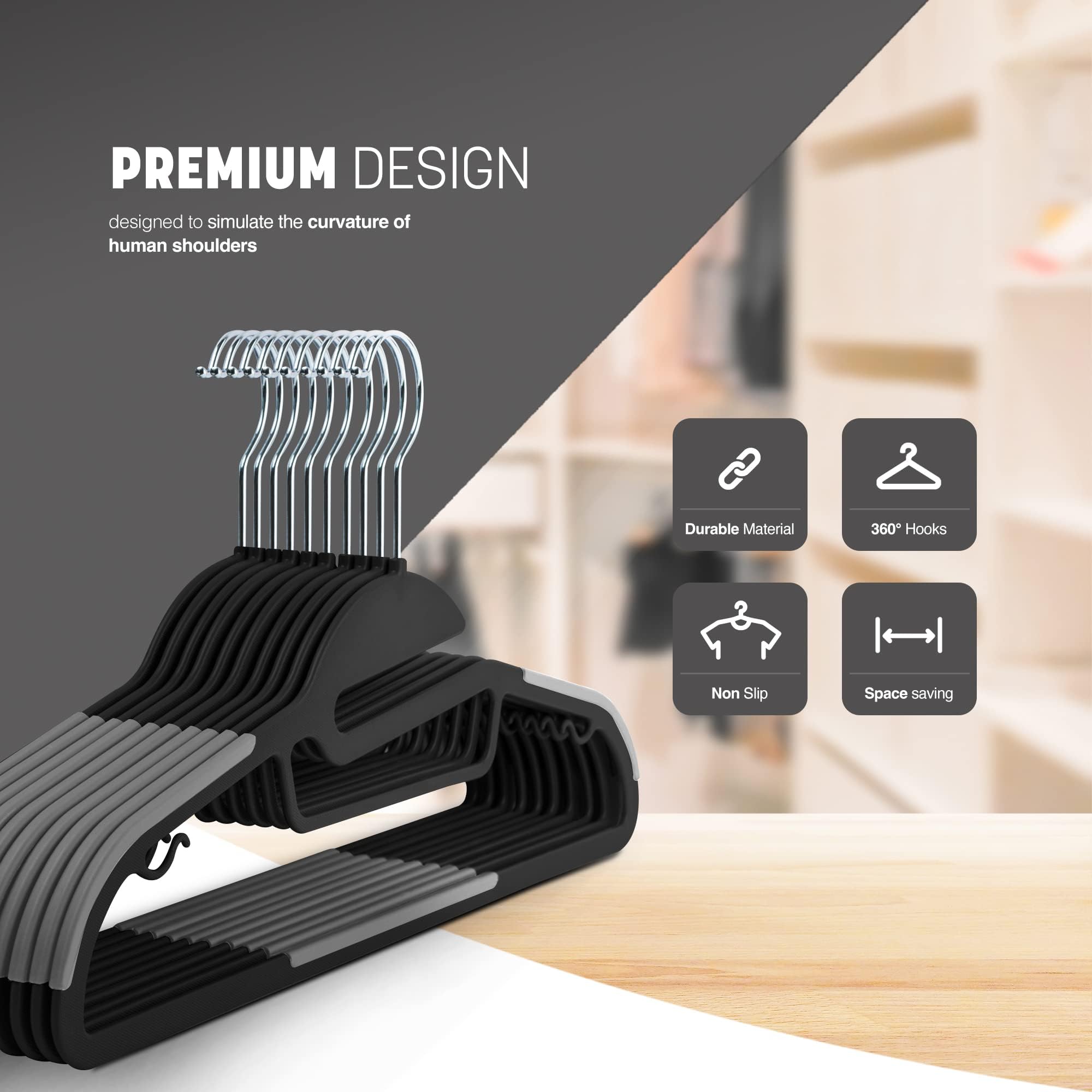 KEPLIN rutschfeste Kleiderbügel, langlebig, schlankes Design, platzsparend, mit 360°-Drehgelenk, Krawatten-Organizer, Gurthaken und S-förmiger Öffnung (41 x 22 cm) in Schwarz, 50 Stück