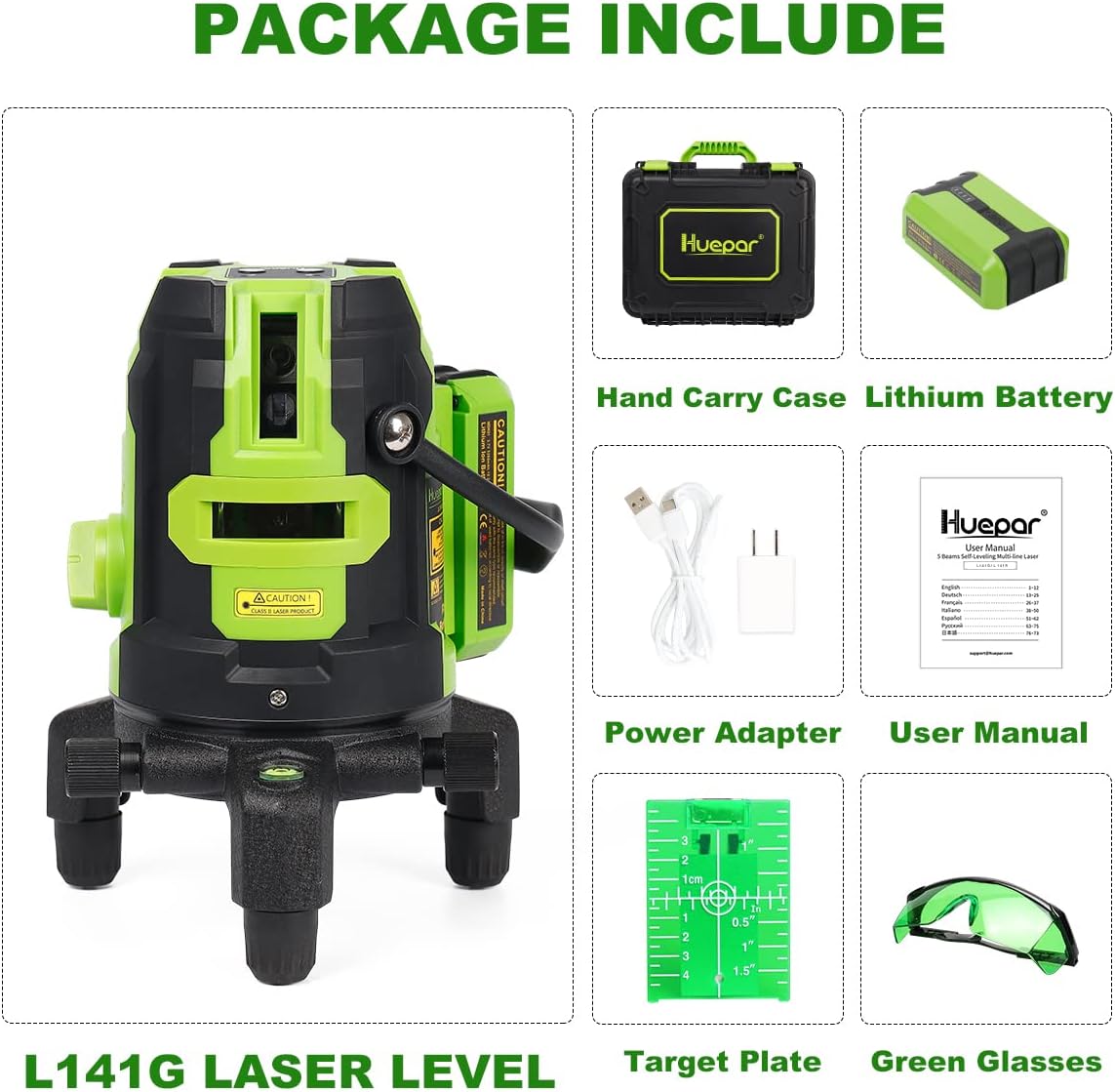 Huepar Multi-Line Laser Level-Four Vertical and One 360° Horizontal Lines with Plumb Dot, Green Cross Line Self-leveling Laser Tool -Rotating Base, 2 Li-ion Battery (L141G Multi-line Laser Level)