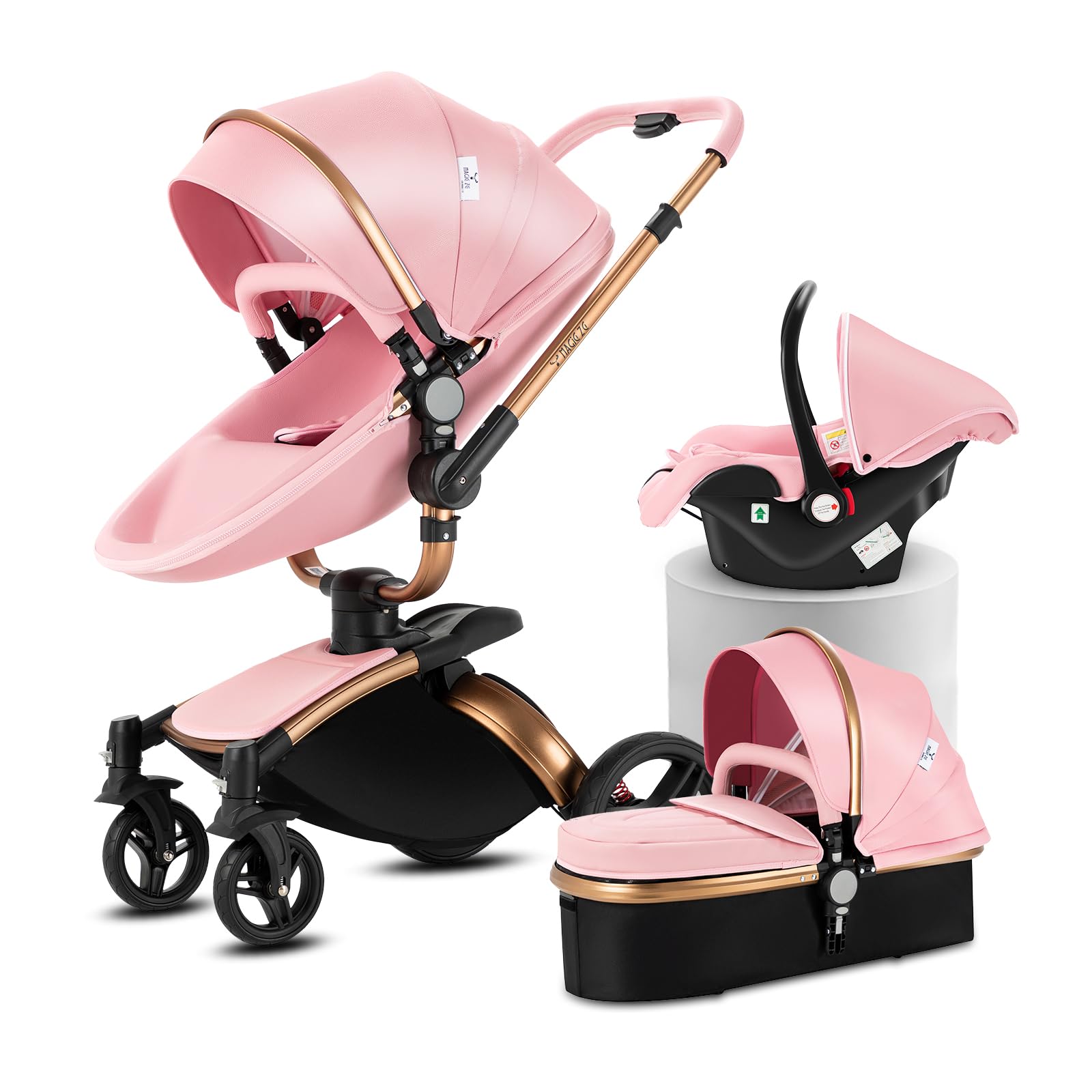 Doraystar 360° Rotazione Pelle PU Passeggino 3 in 1, Passeggino Trio con Design Pieghevole in Un Clic, Trio Passeggino Neonati con Grande Nacelle Comoda, Trio Neonato con Telaio Alluminio (906 Pink)