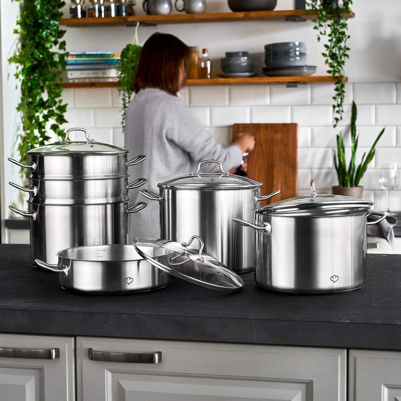 SPRINGLANE Pentola da 5 litri in acciaio inox con coperchio in vetro, Casseruola