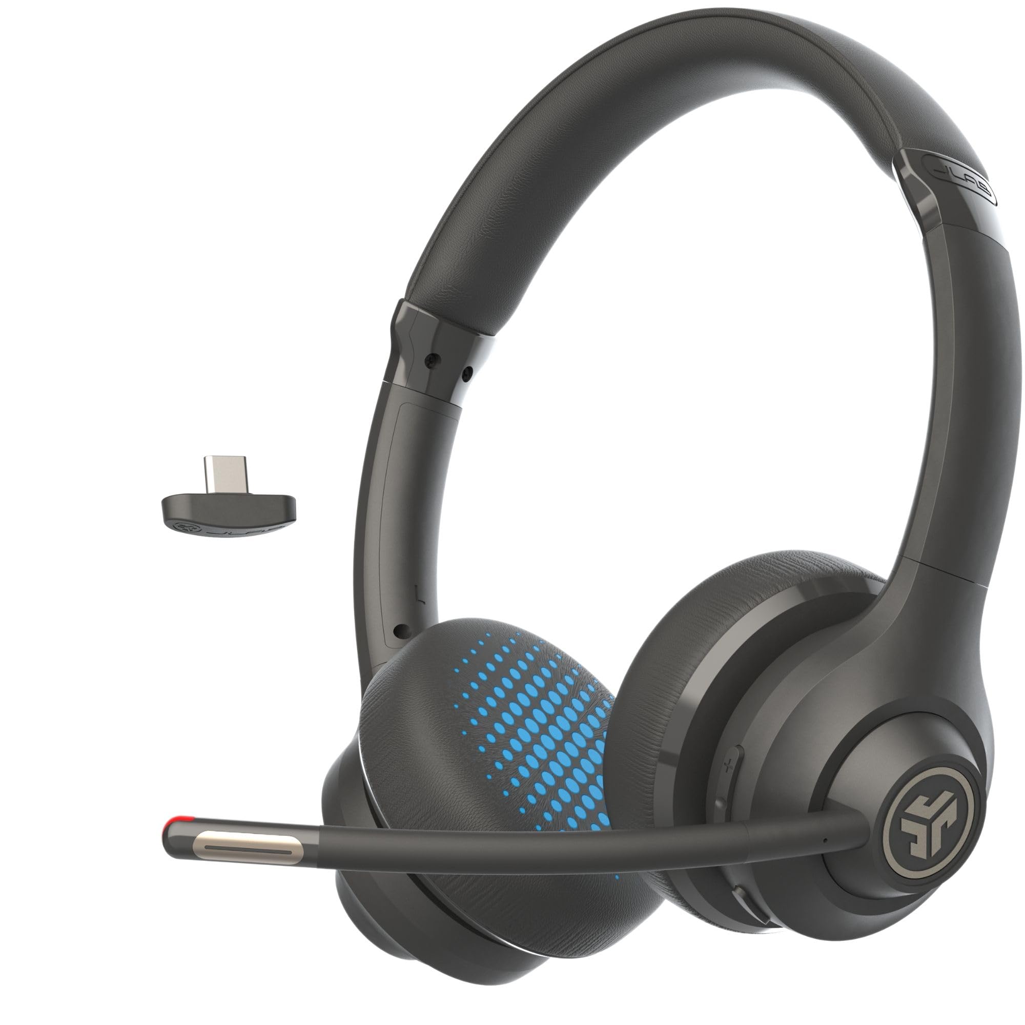 JLab Go Work 2nd Gen Bluetooth Headset mit Mikrofon & USB C Dongle, Akku 55h+, Wireless Headset PC mit Noise Cancelling Mikrofon, kabellos & per Kabel, Multipoint, für Handy, Office, Büro