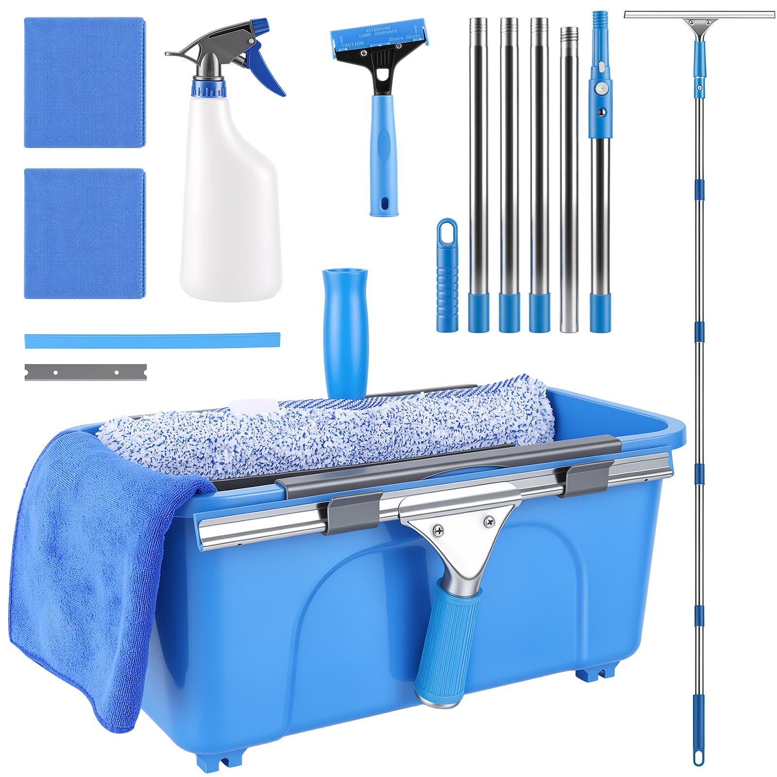 Window Washing Kit, 6.5ft Professional Window Cleaning with Bucket 3Gal/12L Cleaner Equipment Tool Set 14" Window Squeegee and 15" Scrubber for Home Outdoor Windows Car Panel
