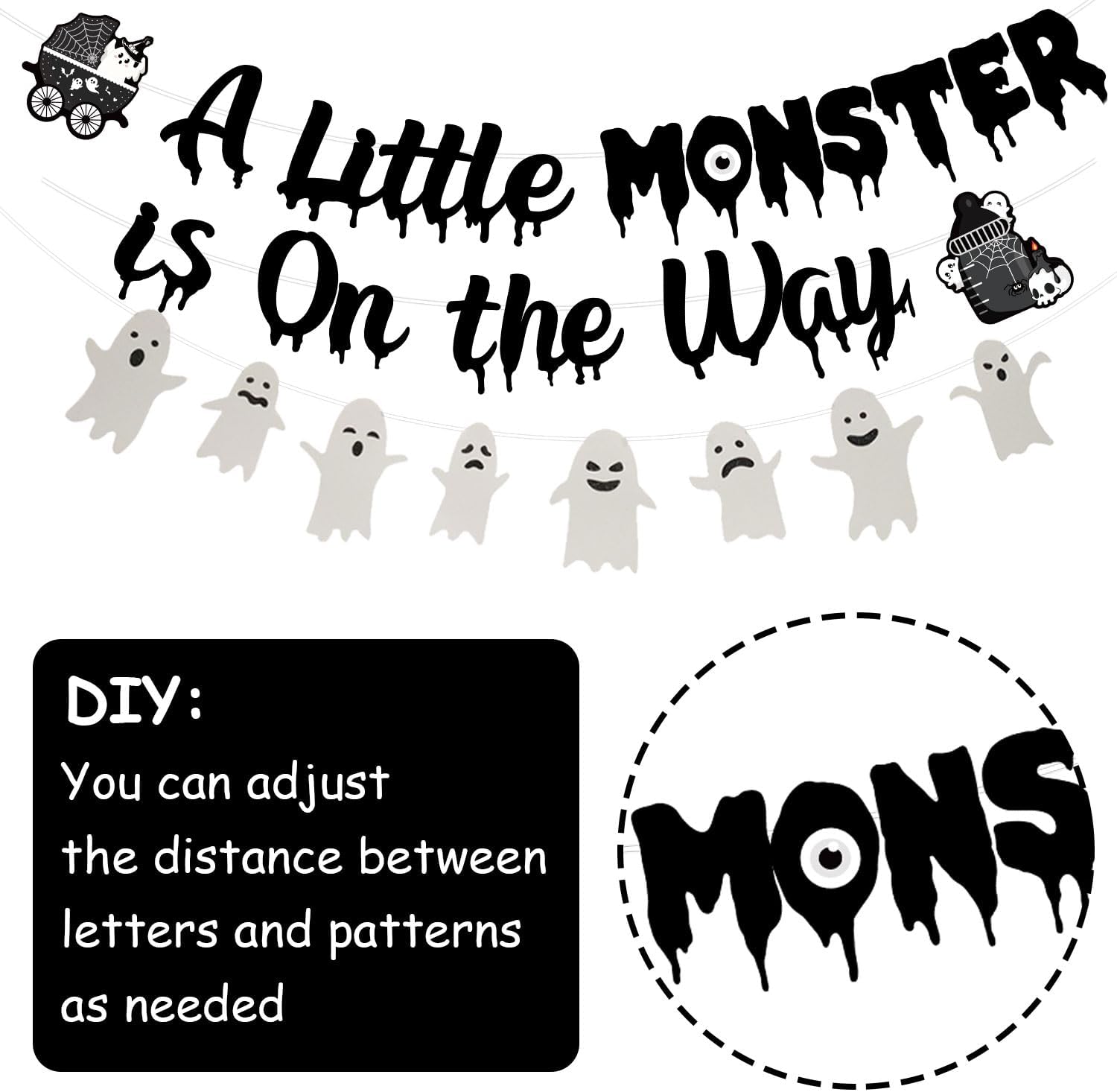 Halloween Gothic Baby Shower Decorations, A Little Monster is on the Way Banner Garland Ghost Bat Little Monster Cake and Cupcake Toppers Balloons Kit for Halloween a Baby Is Brewing Party Supplies