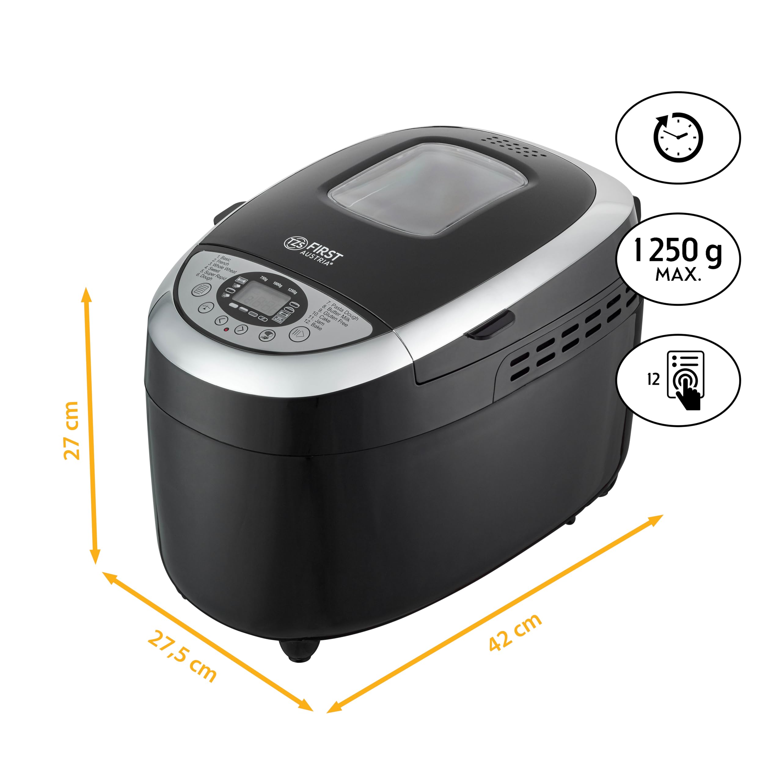 TZS First Austria - Brotbackautomat mit 12 Automatikprogrammen 850W - Vollautomatische Brotbackmaschine 700-1250g Füllmenge - Bread Maker mit Sichtfenster, Timer, Zubehör & Warmhaltefunktion - Schwarz
