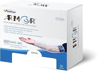 Pac-Dent Armor Protective Arm/Sleeve Covers, Fluid Resistant, One Size Fits Most with Built In Elastic Cuffs for Comfort, Disposable with 30 pcs/box, Clear
