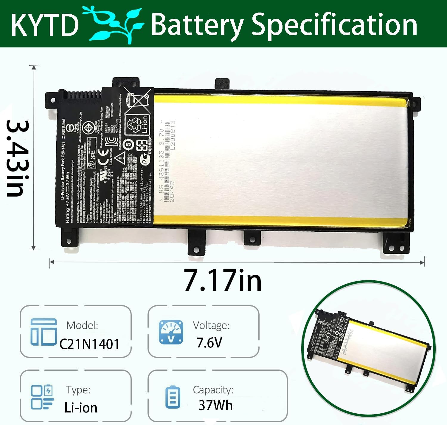 C21N1401 Laptop Battery Compatible with for Asus X455L X455LA X455LD X455LF X455LJ Y483L Y483LD F454L F455L F455LD W419L W409L VM410L K455L DX882L 7.6V 37Wh