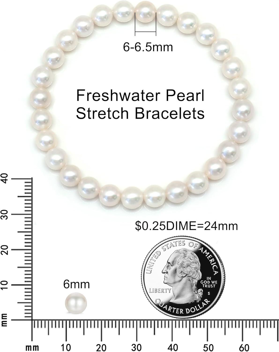 Freshwater Pearl Stretch Bracelets For Women With 6mm White Cultured Pearls Classic Bracelet - Image 2