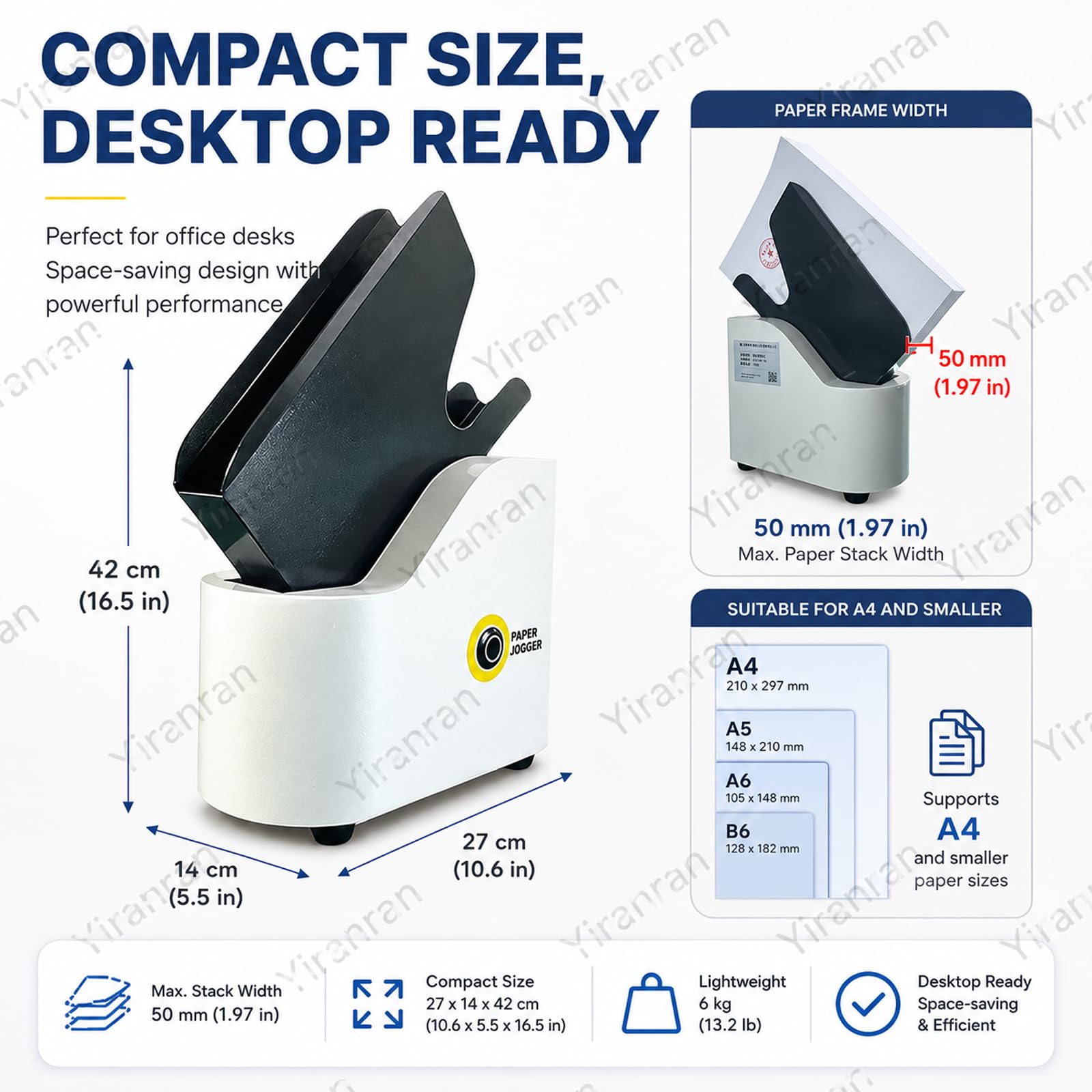 Desktop Paper Jogger, Allineatore di carta per fogli A4 e più piccoli, larghezza telaio 50 mm, selezionatrice in 5 secondi per ufficio, stamperia, scuola e contabilità