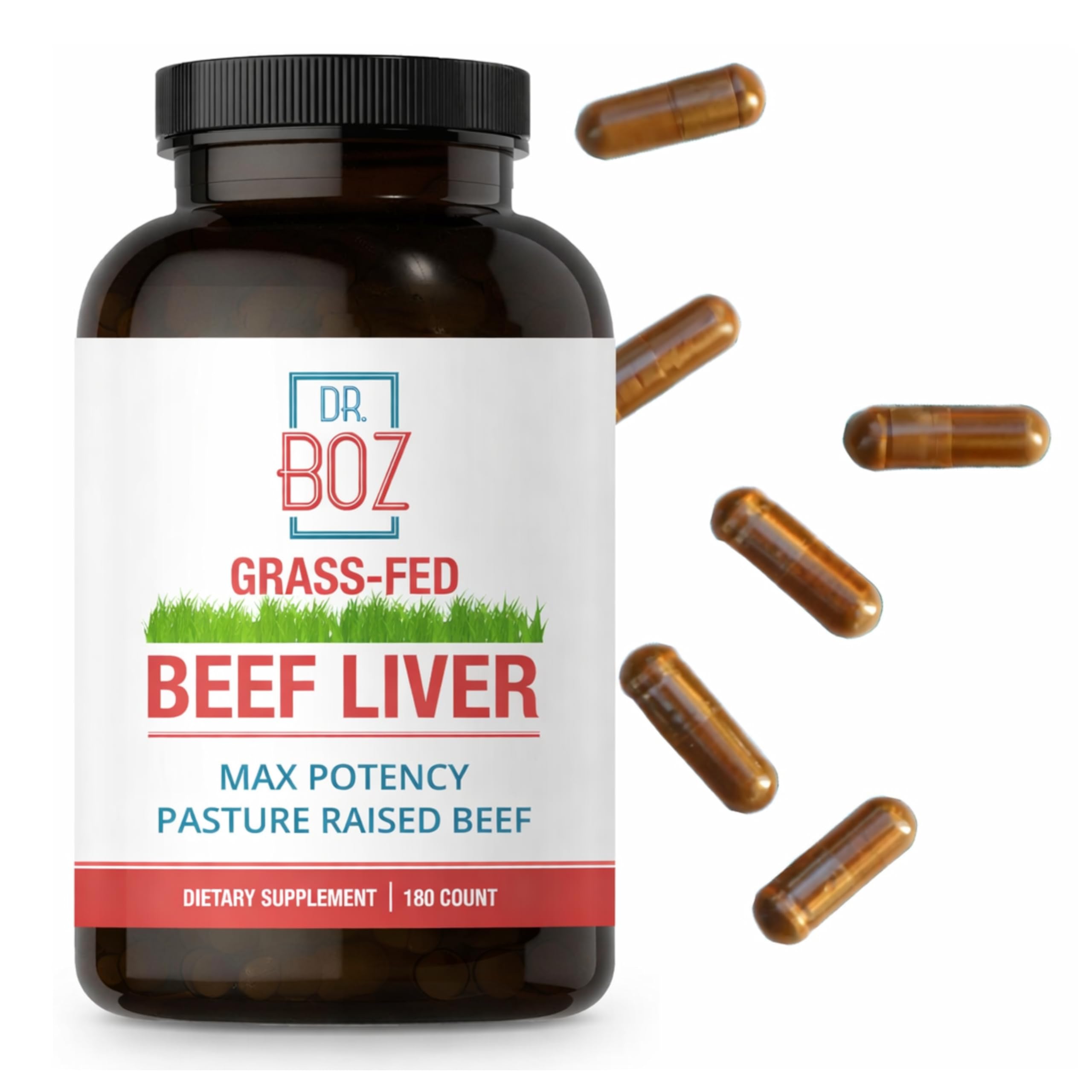 Dr. Boz Beef Liver Capsules [180 Count] Nutrient Dense Liver Supplement - Grass-Fed & Pasture Raised - Vitamin A & Bioavailable Heme Iron