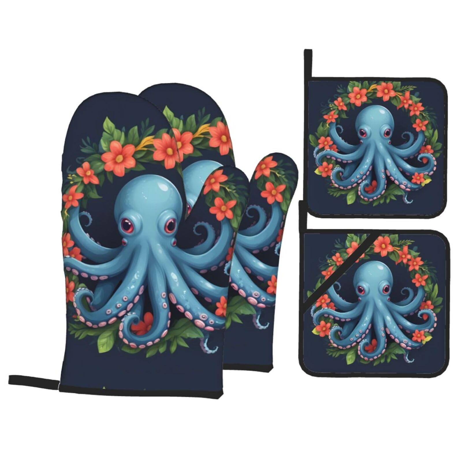 HJFCZH Octopus with A Wreath Picture Kitchen Baking Set of 4 Thick Insulated Oven Mitt & Pot Holders, Anti-Scalding for Microwave, Oven, Outdoor BBQ