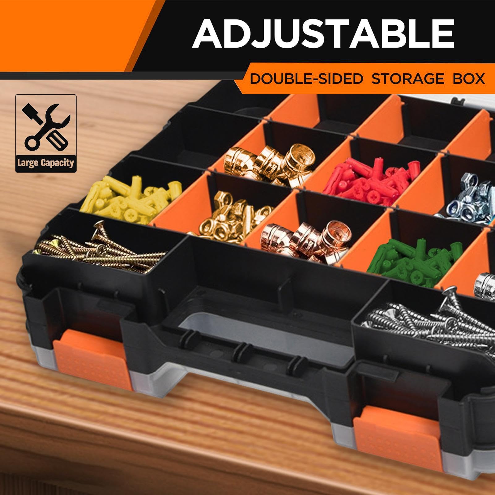 Tool - Caja de almacenamiento versátil con 34 separadores extraíbles y compartimentos personalizables, diseño frontal y trasero para un almacenamiento eficiente de piezas, ideal para talleres y