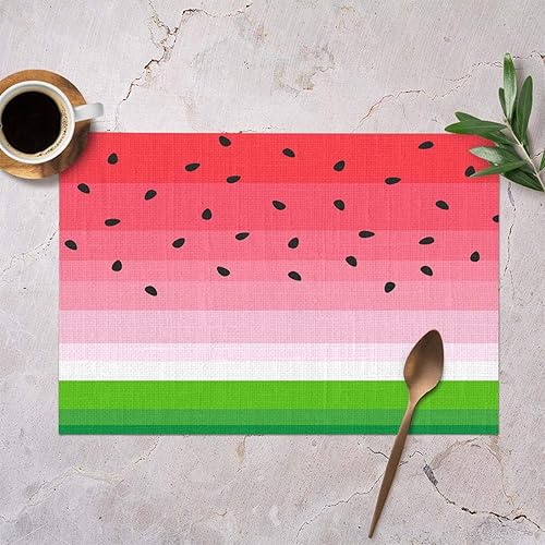 Miniatura 2 de Mugod Watermelons Placemats Summer Fruit Watermelon Slice with Black Seeds Red Green Stripes Decorative Heat Resistant Non-Slip Washable Place Mats