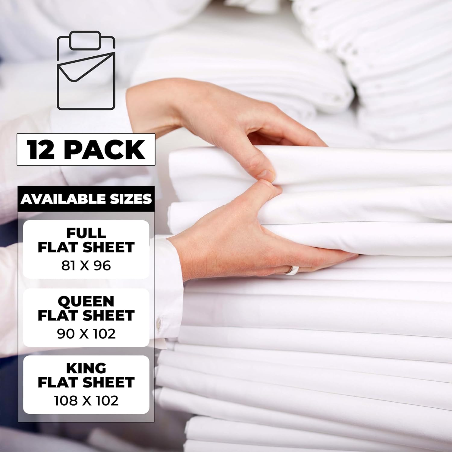 Superior Cotton Rich Percale Hotel Quality Flat Bed Sheets, Soft Bedsheets, Commercial or Personal Use, Hotel, Airbnb, Massage Bed, Bulk Pack, Bedding Essential, Bright White, Set of 12, Queen