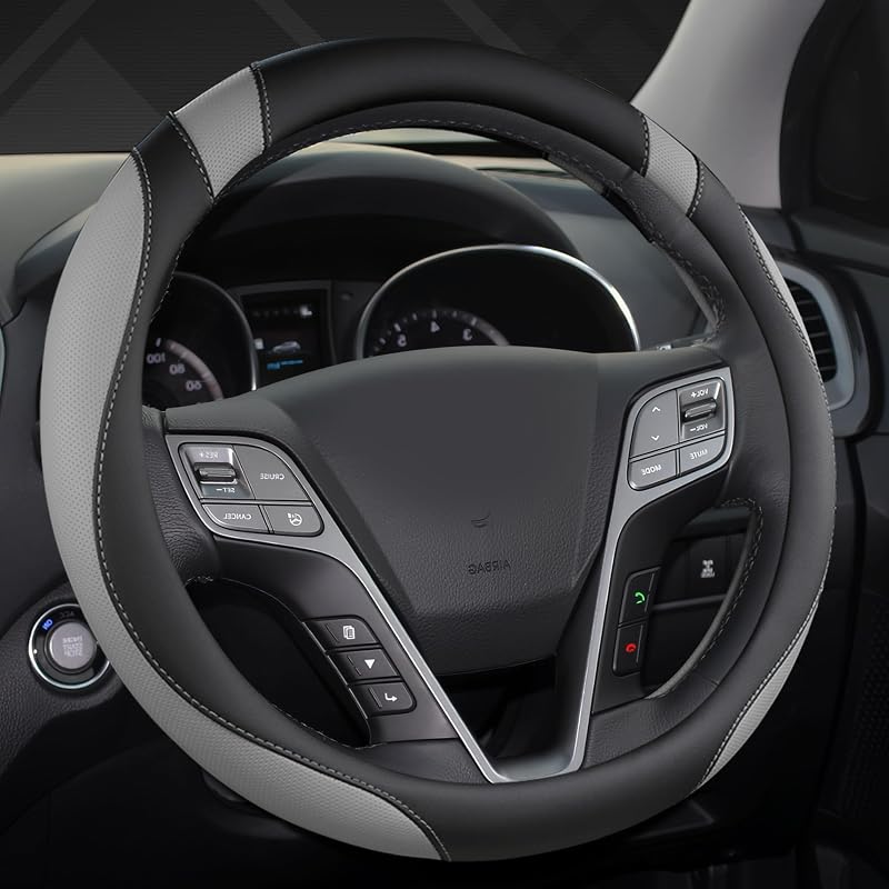 Capa para volante West Llama em couro preta e cinza para Hyundai, 36,8–38,1 cm (M-Black+Gray)