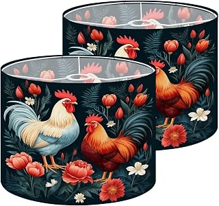 Lamp Shades Set of 2 Cream Red Rooster Floral Dark Black Navy Hen Flowers Tulips Painting Drum Lampshades 8.9"x11"x11" for Table Lamps Floor Lamps Pendant Light Replacement Lamp Shade Easy Assembly