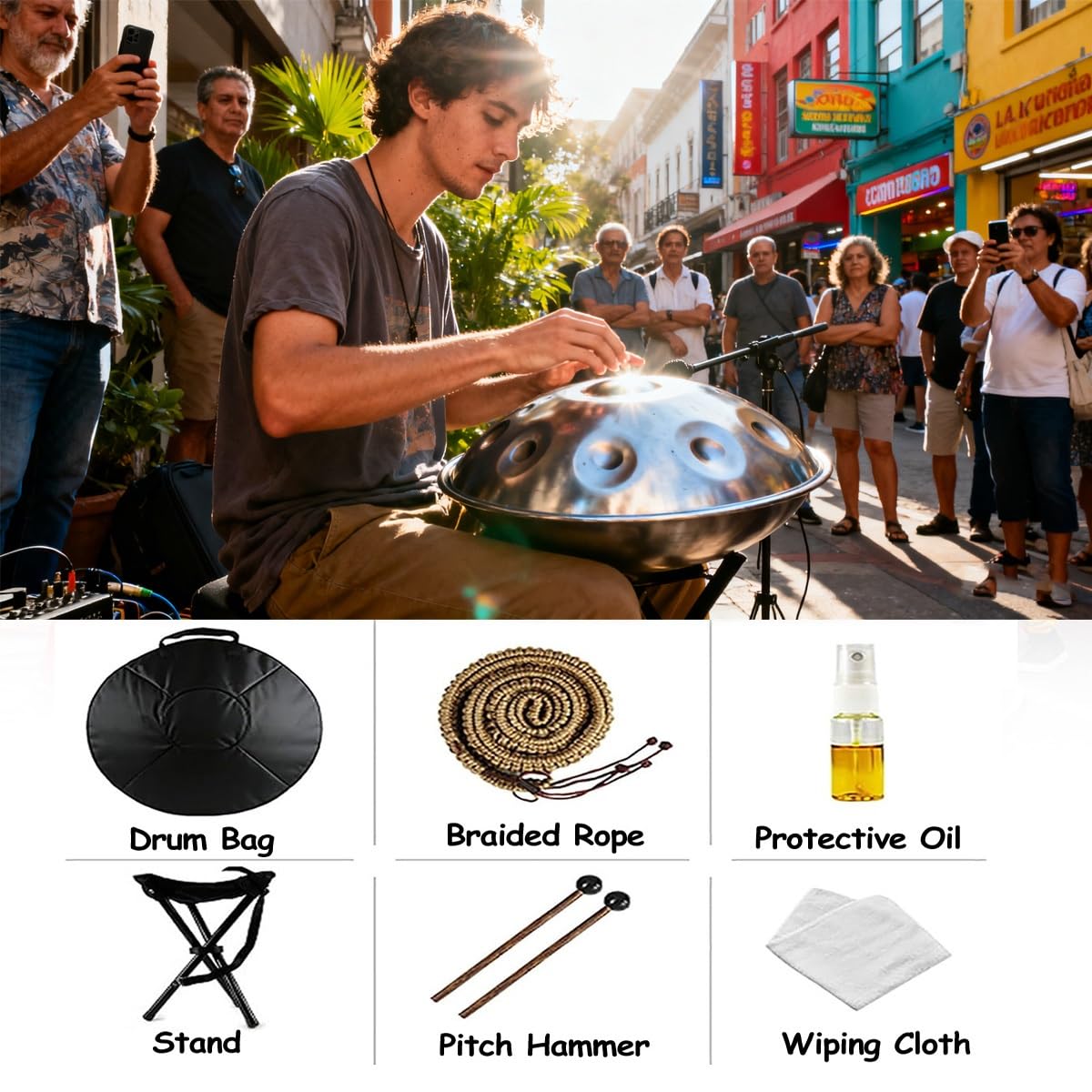 Handpan Strumento Musicale, 56cm 440 Hz 9/10/12 Note Tamburo In Acciaio Tongue Drum In Sol Minore Con Bacchette, Supporto Per Batteria, Borsa Per Meditazione Yoga(Nero,9)