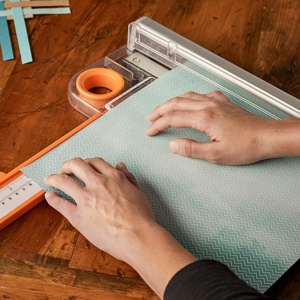 Fiskars Compact Rotary Bypass Paper Trimmer - 12" Cut Length - Portable Size with Hang Hole - Cuts Thicker Materials (Vinyl, Leather, Chipboard, Cardstock, etc) - Arts & Crafts Tool