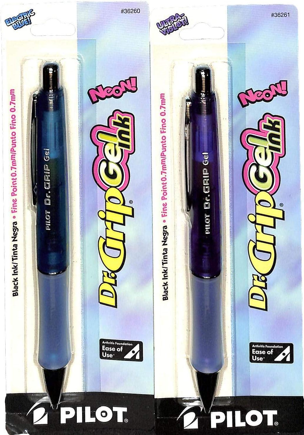 (2) PILOT Dr. Grip Refillable & Retractable Gel Ink Rolling Ball Pen, Fine Point, Purple Barrel, Black Ink (36261) & Blue Barrel, Black Ink, Single Pen (36260)