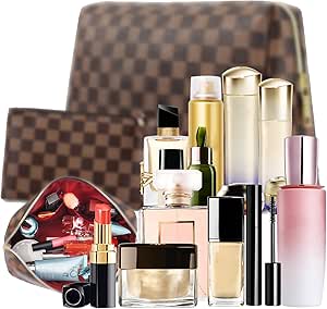 2 Pack Makeup Bag Set for Women, Large Brown Leather Cosmetic Bag + Small Zipper Pouch, Water-Resistant Travel Toiletry Organizer