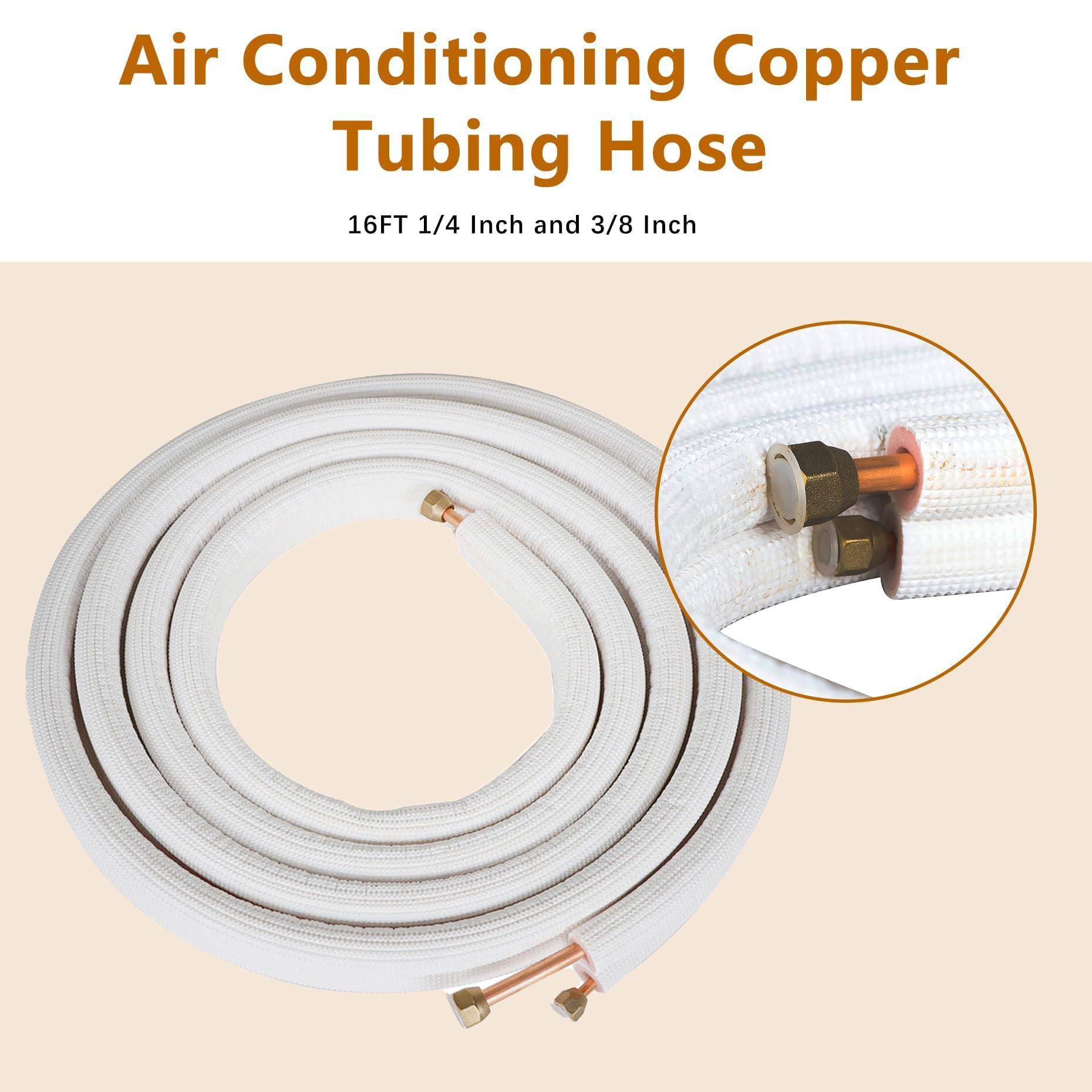 kimllier Manguera de cobre para aire acondicionado de 16 pies de 1/4 pulgadas y 3/8 pulgadas, manguera de cobre con aislamiento para aire acondicionado mini split