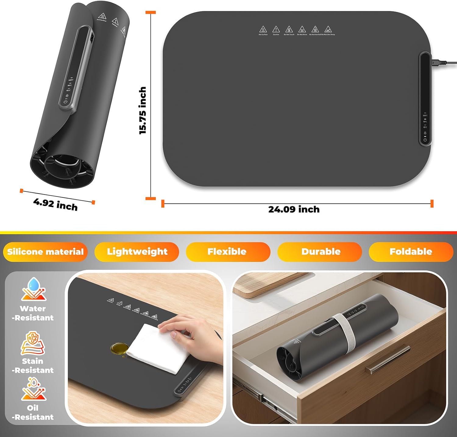 Warming Mat for Food, Foldable Food Warming Mat Tray with Adjustable Temperature Control, Auto Shut-Off, 8s Fast Full Surface Food Heating pad, Rollable Portable Silicone Food Warmer for Parties Home