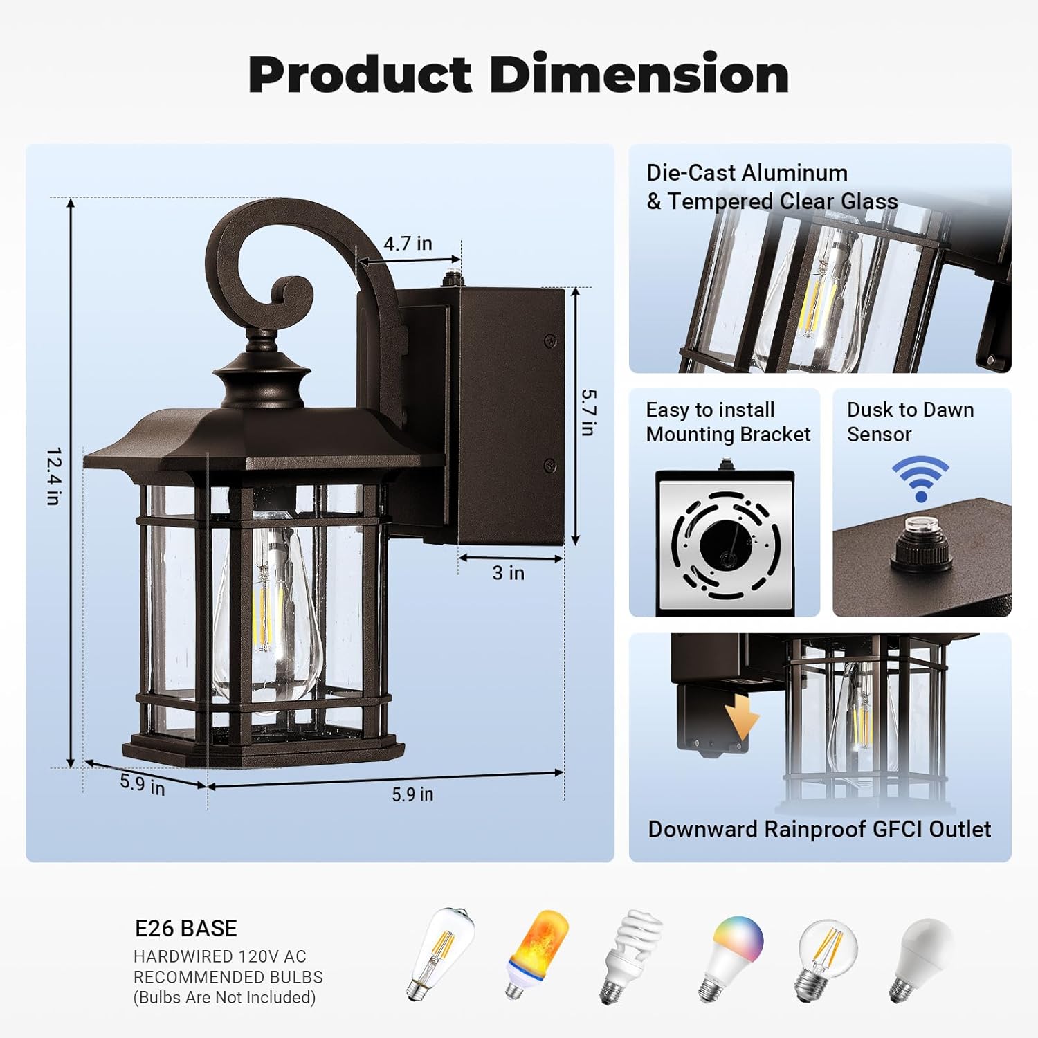 Dusk to Dawn Outdoor Wall Lights with GFCI Outlet, Oil-Rubbed Bronze Exterior Lights for House with Seeded Glass, Anti-Rust Outdoor Light Fixture, Waterproof Front Porch Light for Yard, Patio