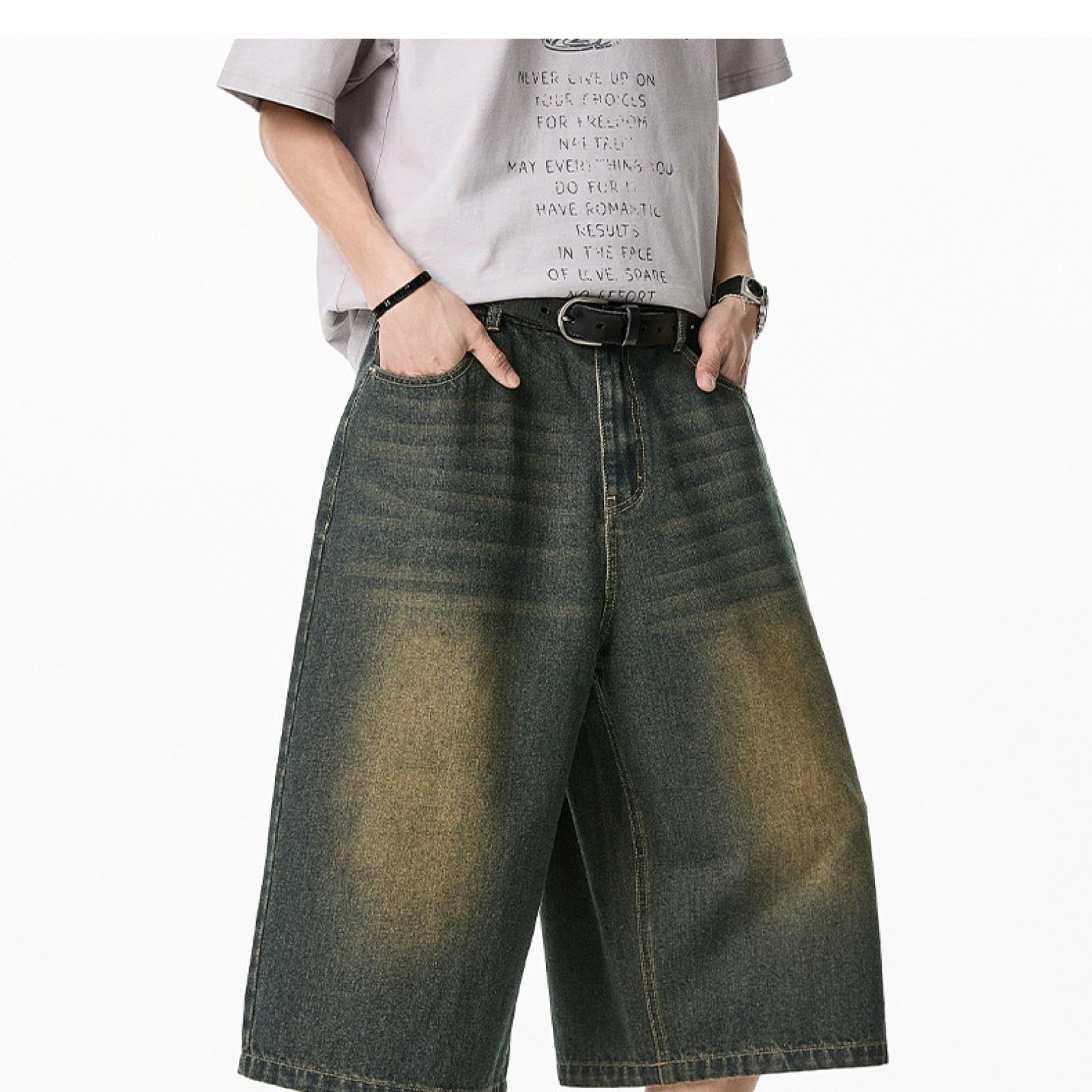 Pantaloncini Short Uomo Jeans Corti A Gamba Larga per Gli Uomini retrò Gamba Dritta Pantaloni di Media Lunghezza Semi Elastico in Vita Pantaloncini Casual Larghi