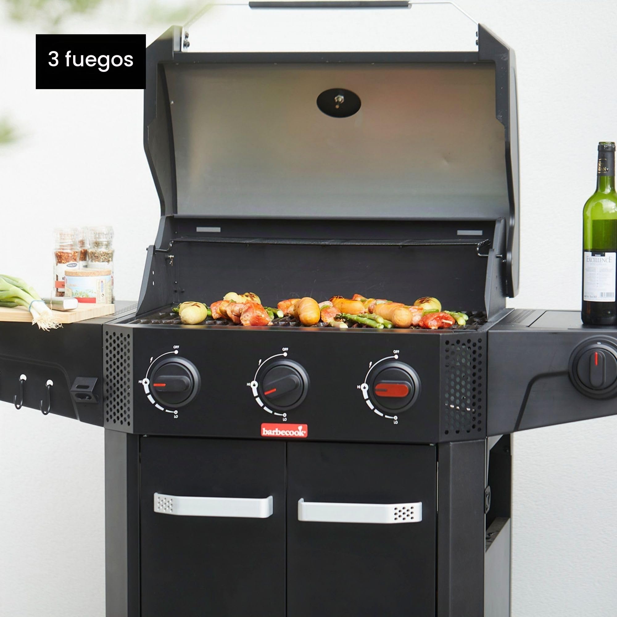 Barbecook Barbacoa de gas Luca 312 negra con gabinete y quemador lateral, negra, 133.4x60.3x112.3cm