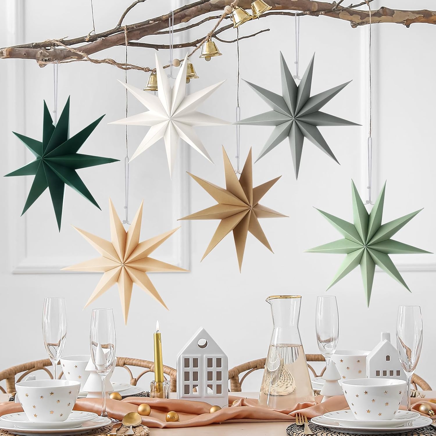 ReliThick 6 Pcs Star Paper Lanterns 12 Inch 9 Pointed Christmas Hanging Lamp Neutral Sage Green Christmas Ornaments Vintage Farmhouse Paper Decorations Xmas Party Decorations
