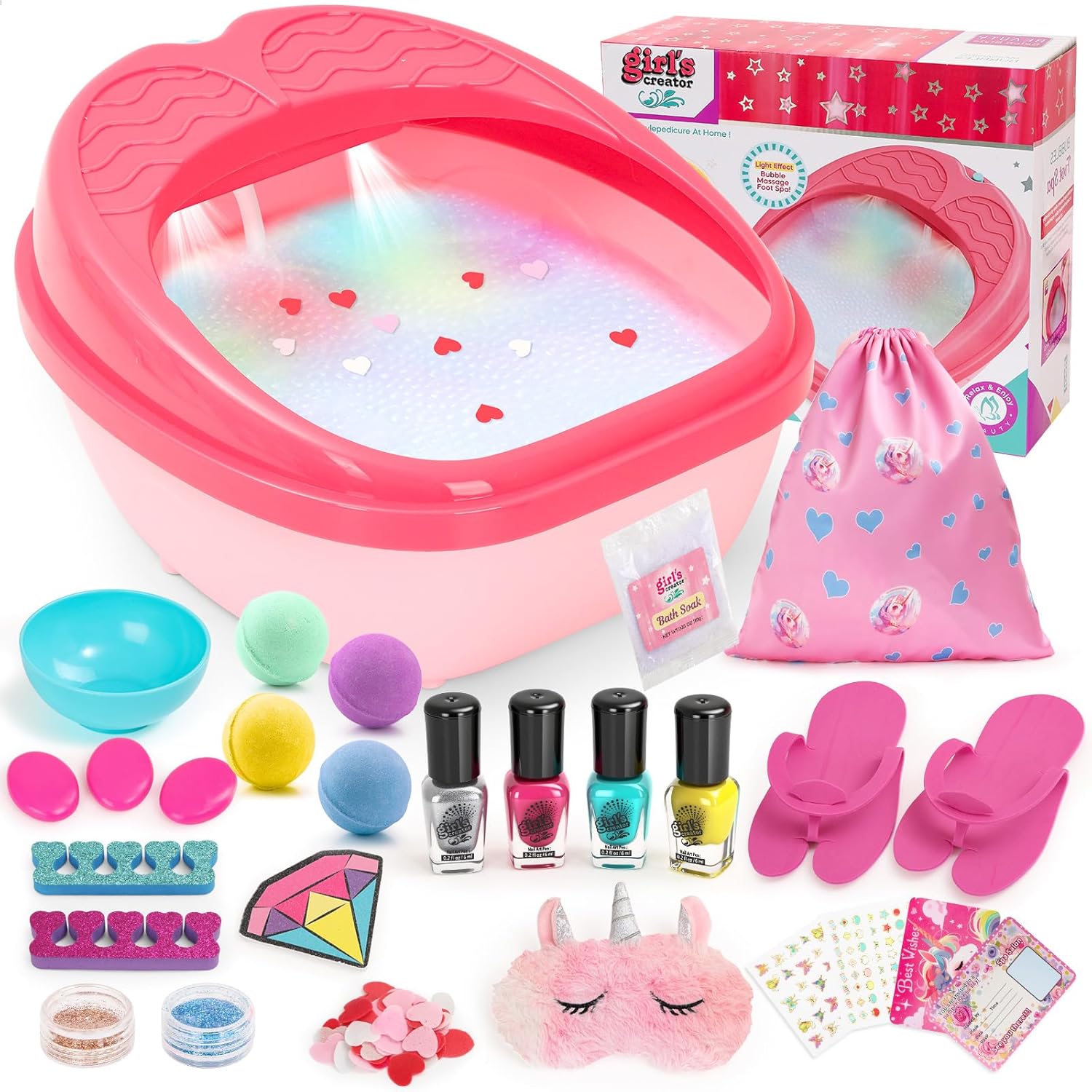 Kids Foot Spa with Nail Kit for Girls 4-12, All-in-1 Kids Pedicure Foot Spa Day Salon Toy Kit with Colorful Lights & Nail Art, Party Birthday for Girl?s Rose Red