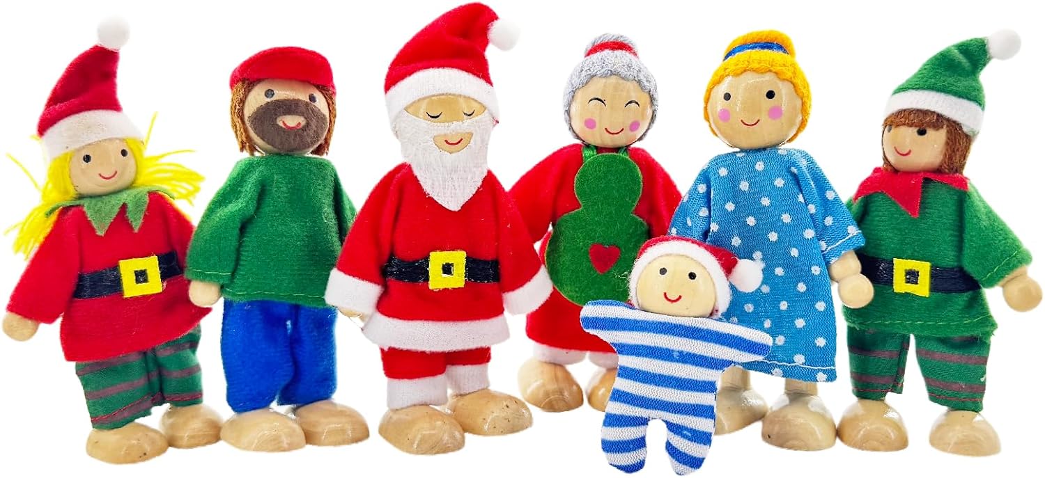HYSTYLE 7 Pack Poseable Wooden Doll Dollhouse Dolls Wooden Doll Family Pretend Play Figures, Family Role Play Pretend Play Mini People Figures (Classic People)