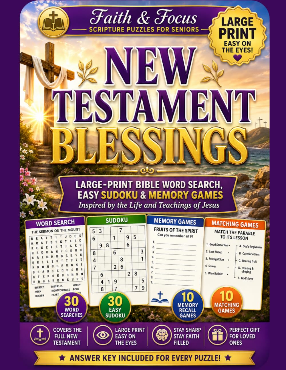 New Testament Blessings: Large-Print Bible Word Search, Easy Sudoku & Memory Games Inspired by the Life and Teachings of Jesus (Faith & Focus — Scripture Puzzles for Seniors)
