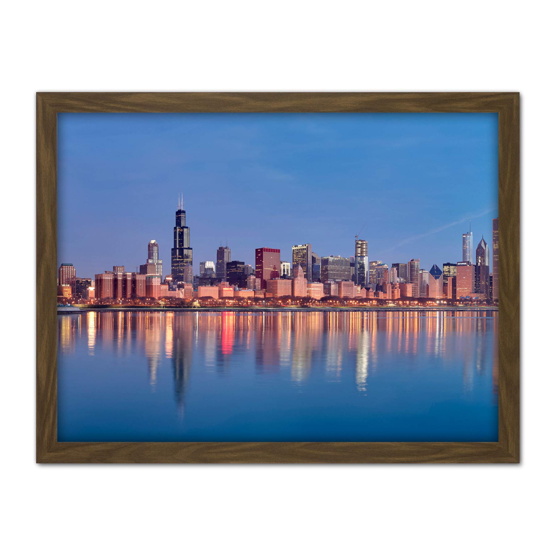 Schwen Chicago Skyline Sunrise Reflection Panorama Photo Artwork Framed Wall Art Print 18X24 Inch