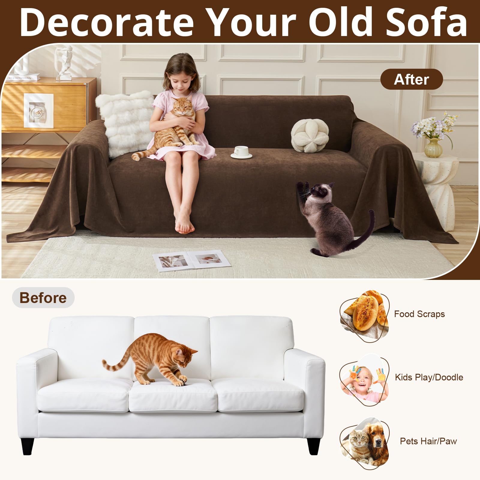 Royhom Sofa Überzug, Chenille Couch Überzug Ecksofa, Sofabezug L Form, Sofa Schutzdecke, Sofahusse mit Armlehne, Sofaüberwurf Decke Weich und Bequem, Brown, 260x180 cm