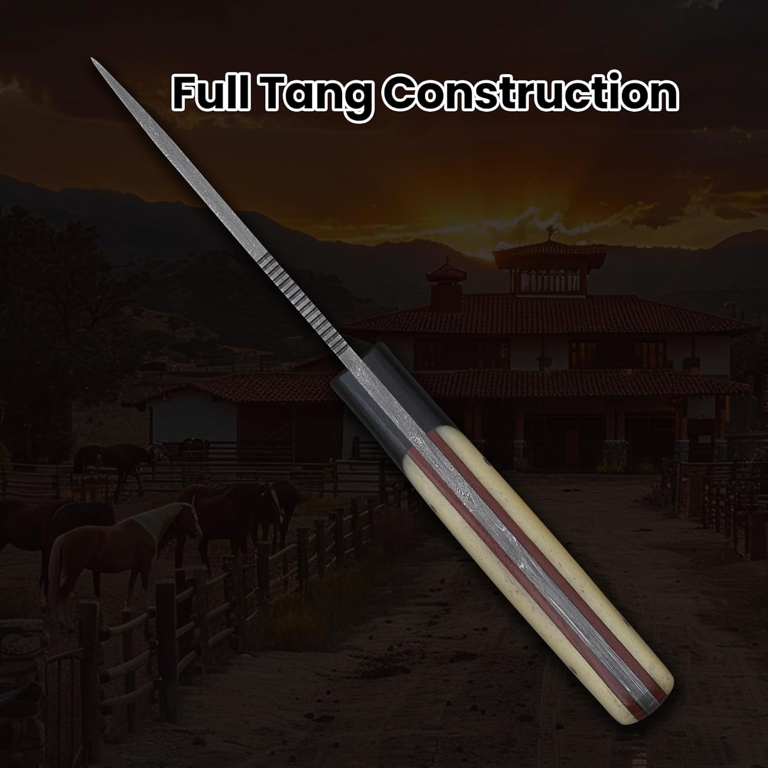 Knives Ranch Handmade Fixed Blade Knife - Full Tang Damascus Steel Blade - Cattle Bone Handle - Genuine Leather Sheath