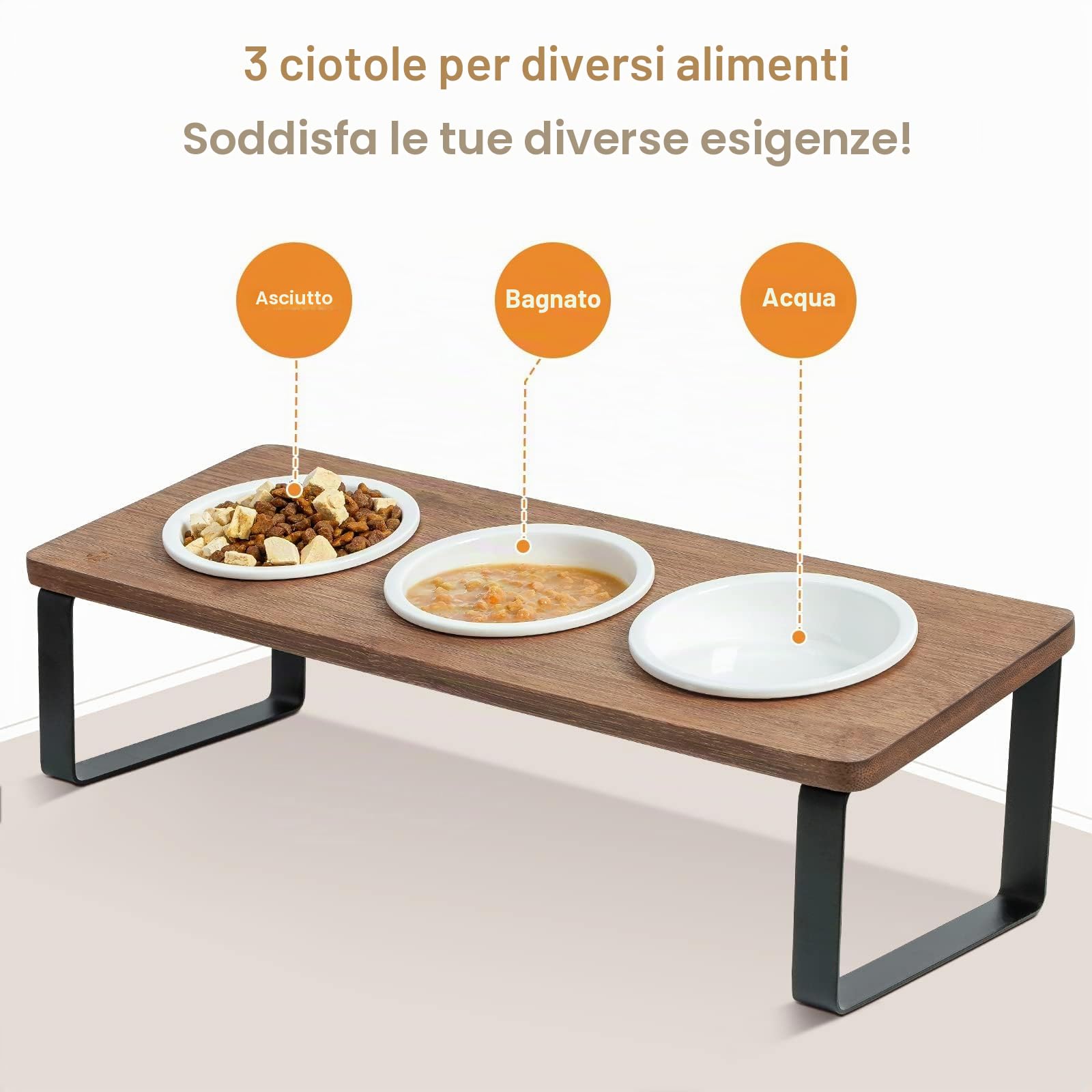 GUUSII HOME Ciotole per Gatti Rialzate 3 in 1 Ciotola Gatto Legno Ceramica 15° Inclinate Set di 3 Ciotole per Alimenti Ø12cm con Supporto in Bambù Inclinato Antiribaltamento