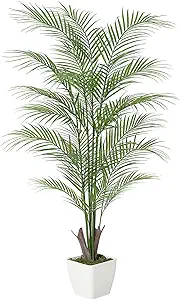4FT Fake Palm Tree Faux Areca Palm Plants with 21 Full Lifelike Palm Leaves Realistic Trunks Fake Tropical Palm Tree for Indoor Home Office Outdoor Yard Décor with Trapezoidal Prism White Pot