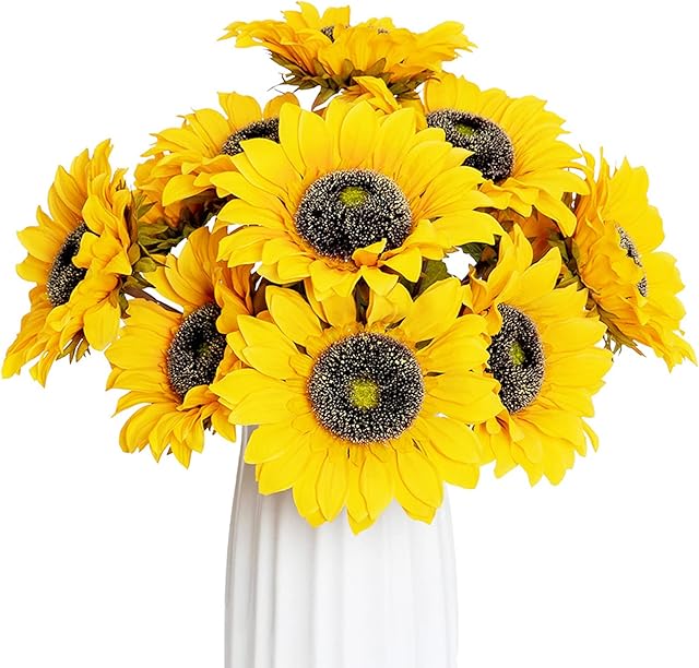 Floralsecret 10 Pcs Artificial Sunflowers Single Stem Rustic Fake Flowers for Farmhouse Room Home Hotel Decor (Golden Yellow)