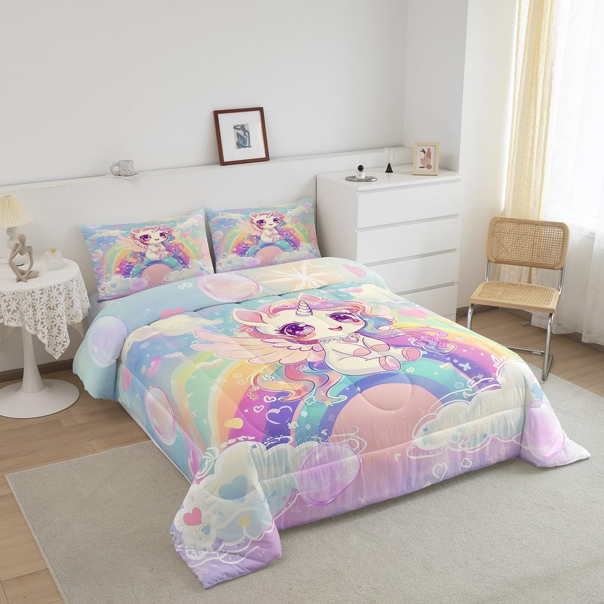 Castle Fairy Cute Unicorn Comforter Set,Dreamy Unicorn Bedding Set for Kids Girls Women,Adults Kawaii Rainbow Comforter,Lovely Animals Quilted Duvet Set Bedroom Collection Twin Size 2Pcs