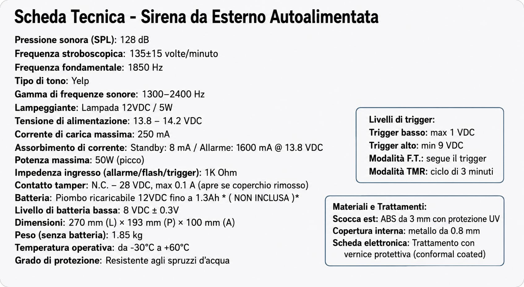 Sirena Autoalimentata 128dB con Lampeggiante 12V Professionale per Sistemi Antifurto Esterni, Scocca in ABS Anti-UV, Suono Potente e Luce Stroboscopica 5W