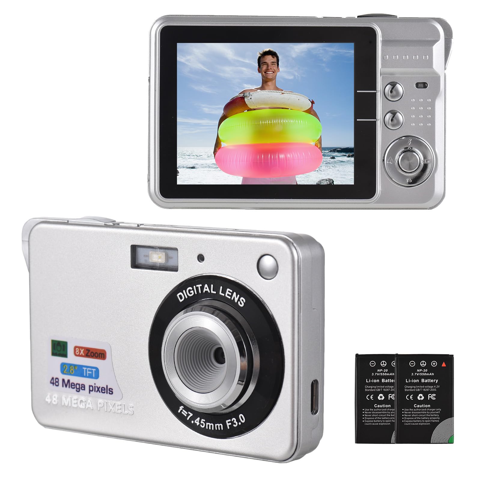 Andoer 48MP Digital Camera, 2.8 Inch Compact Digital Camera, 16X Digital Zoom Anti-shake Face Detect Vlogging Camera Built-in Flash with 2pcs Batteries Gift for Kids Teen Adult Beginner, Silver