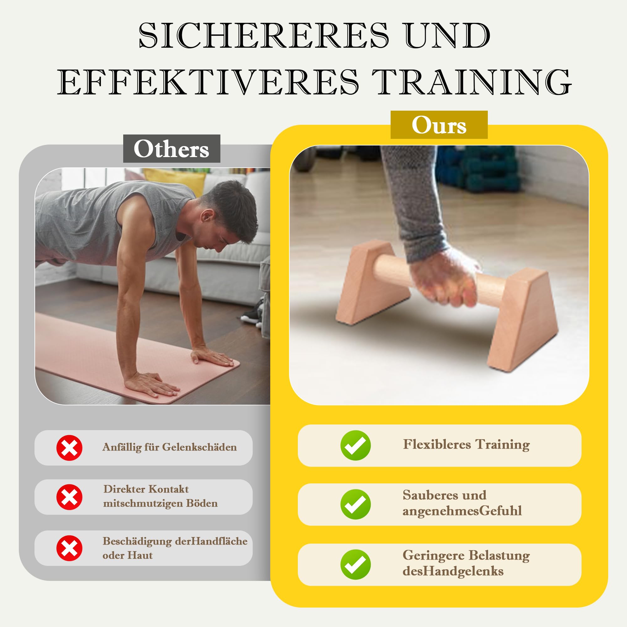 Liegestützgriffe aus Holz, 2er Set Push Up Bars, Handstand Griffe, rutschfestes Calisthenics-Equipment für Fitness, Gymnastik und Krafttraining & Handgelenkbandagen